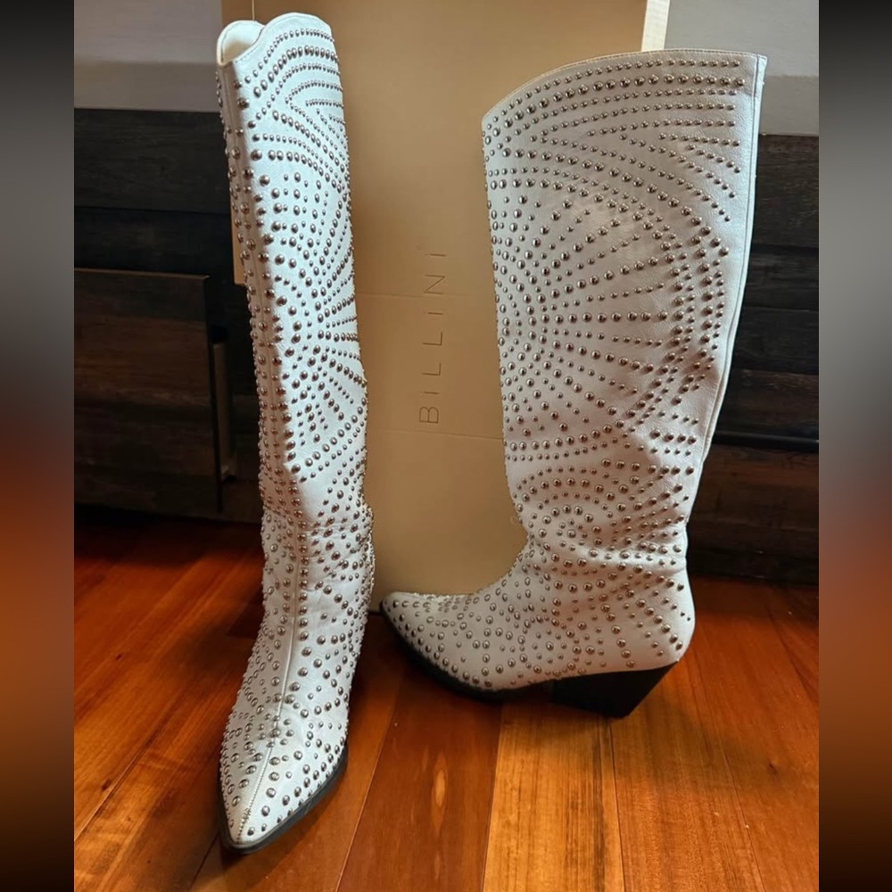 Billini Silver Studded White Heeled Boots